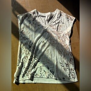 Women’s V-Neck Printed Cap-Sleeve Top - White with Brown & Black Accents